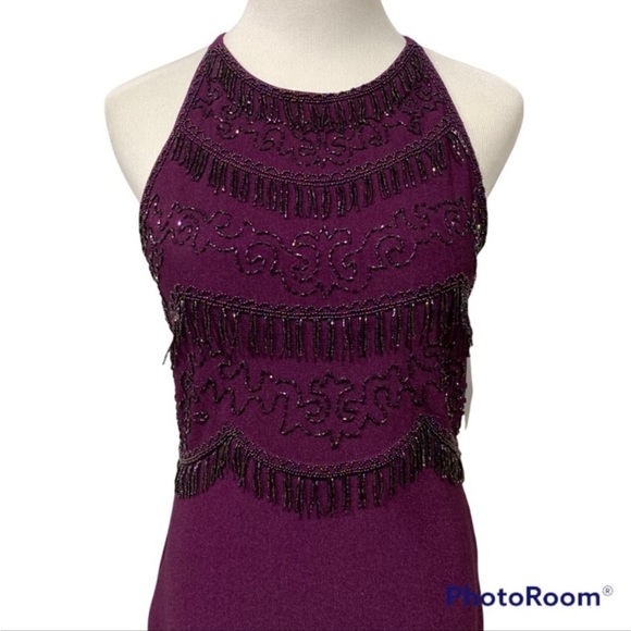 Prom Dress Adrianna Papell Evening PROM Snowball Rib Fringed Dress Plum Sz 6 - Picture 2 of 8